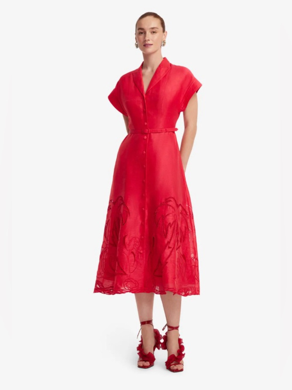 LEO LIN Audrey Red Belted Palm Embroidered Linen Shirt Midi Dress AU8/US4 NWOT - Picture 3 of 6